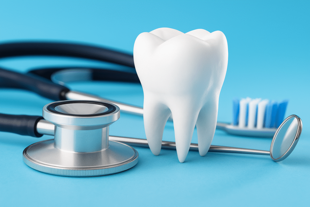 A detailed image showcasing dental tools, a white tooth model, and a stethoscope on a blue background, representing advanced dental care and hygiene at Sinha Dental Clinic — the best dental clinic in Lucknow.