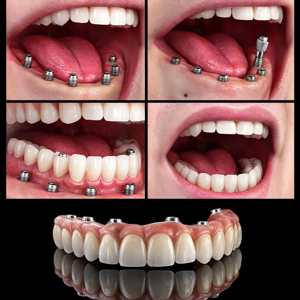 Full mouth dental implants showing multiple implant posts and final fixed prosthetic teeth, demonstrating the step-by-step implant restoration process.