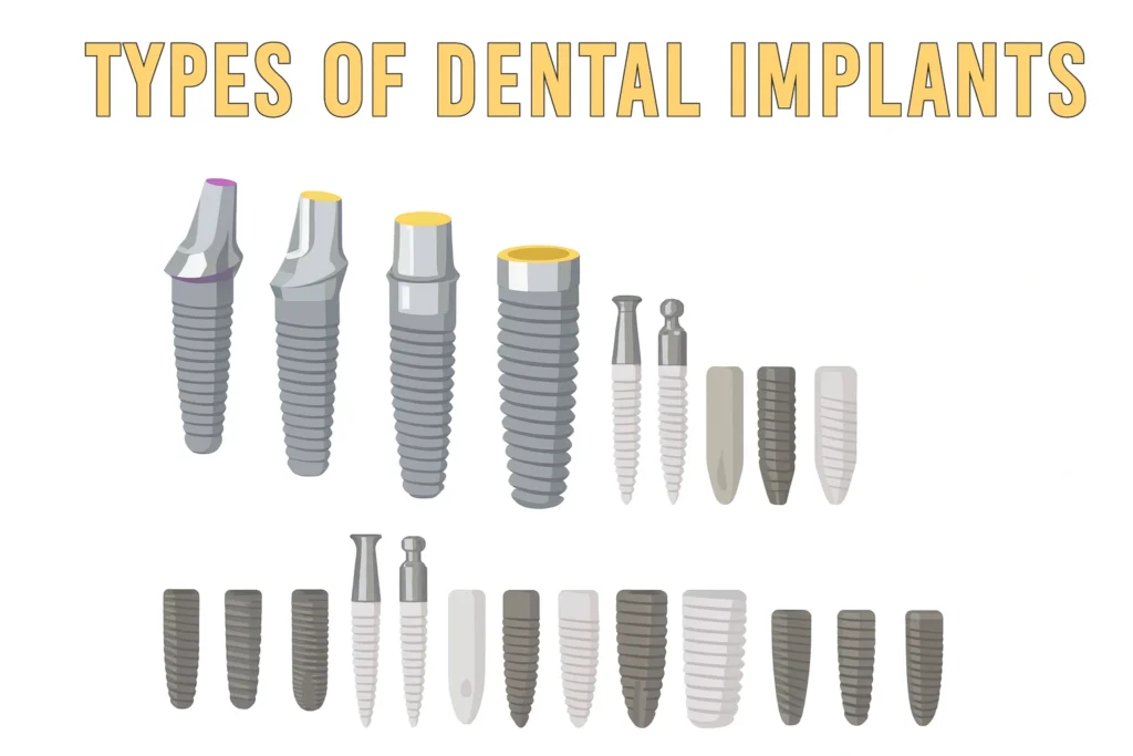 Types of dental implants displayed by Sinha Dental Clinic, showing various implant shapes, sizes, and materials including titanium and ceramic options, used for tooth replacement and advanced implant dentistry.